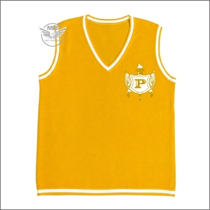 Gilet tricoté sans manches en or jaune pour femme, col en V, avec logo brodé blanc, style preppy, vêtement d'hiver éco-responsable - Product Image 1