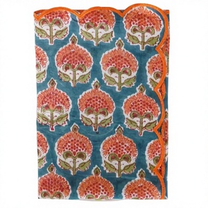 100% Cotton Handmade Square Napkins Indian Floral Embroidery Hand <b>Block</b> <b>Printed</b> Design in Blue Orange Colors 4PCS - Product Image 1