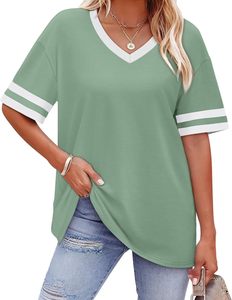 Camiseta de Manga Corta con Cuello en V para Mujer, Color Verde Sólido, Corte Holgado, Informal, de Algodón Jersey, Estilo Primavera-Verano - Product Image 6