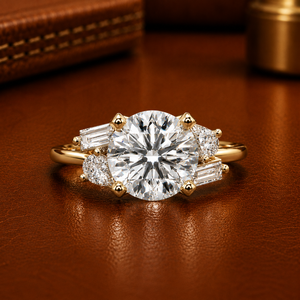Hermoso Anillo de Compromiso con Halo Oculto, Corte Redondo, Diamante Cultivado en Laboratorio, Certificado IGI, con Acentos de Pera y Baguette, Anillos de Boda - Product Image 1