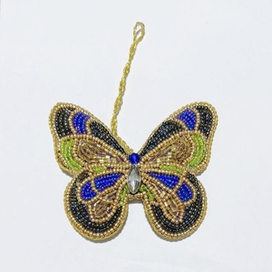 Unique Handmade Colorful Beaded Butterfly Christmas <b>Ornament</b> with Gold Bead Embroidery, Decorative Holiday Tree Hanging Accent - Product Image 1