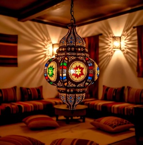 Handmade <b>Brass</b> Moroccan <b>Lantern</b> Pendant Light Fixture Home Decoration Hanging Lamp With Colored Glass Panels - Product Image 3