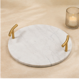 Round Marble <b>Storage</b> Tray With Gold Handles Modern Design Durable Indoor <b>Tabletop</b> Accessory Living Room Decor - Product Image 2