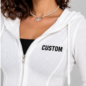 OEM Lightweight Breathable <b>White</b> Ribbed <b>Women</b> Zipper <b>Hoodie</b> Crop Top Full Zip Cotton Clothing Top Selling Streetwear - Product Image 4