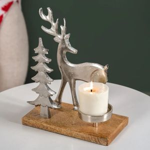 Silver Reindeer With <b>Christmas</b> <b>Tree</b> Metal Craft Wood <b>Base</b> Candle Holder Holiday Decoration - Product Image 1