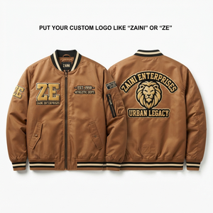 Blouson d'hiver unisexe coupe-vent en satin de polyester premium 220 GSM, marron et noir, avec bordure côtelée, logo brodé personnalisé - Product Image 1