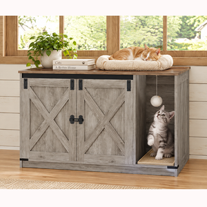 Meuble pour animaux de compagnie en bois, armoire-niche pour chat avec portes et compartiment ouvert pour chats d'intérieur, unité de rangement multifonctionnelle, style classique - Product Image 5