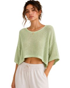 Pull court en maille vert clair pour femme, coupe ample, manches courtes, léger et respirant, idéal pour l'été, style décontracté et tendance - Product Image 1