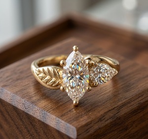 Bague de fiançailles en or rose 18 carats avec diamant de laboratoire taille marquise en forme de feuille, 2,40 carats, couleur E, pureté VS1, bague Toi et Moi, bague de promesse à deux pierres - Product Image 1