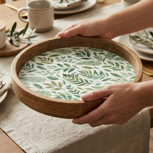 Plateau de service rond en bois de manguier, motif feuille tropicale, écologique, idéal pour la maison et l'hôtellerie – Meilleures ventes - Product Image 4