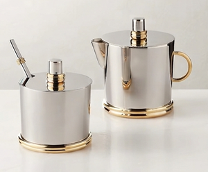 Juego moderno de azucarero y lechero de acero inoxidable con detalles dorados, acabado brillante redondo, resistente al óxido, accesorios de cocina - Product Image 1