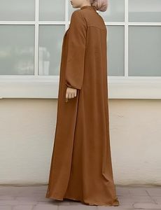 Abaya marron unie pour femme, manches longues, col montant, longueur ras du sol, robe modeste en coton, coupe ample, style Moyen-Orient, pour usage quotidien - Product Image 2