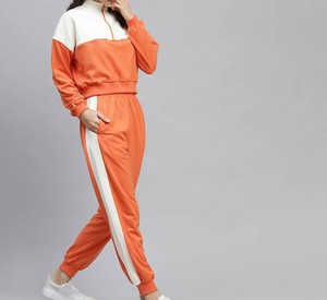 Ensemble de survêtement décontracté pour femme, color block, manches longues, demi-zip, coupe ample, respirant, orange et blanc, pour le printemps - Product Image 3
