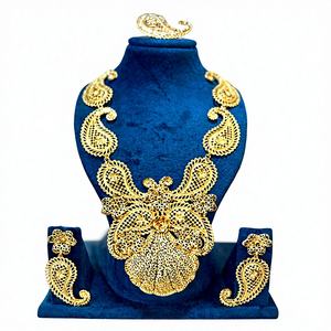 Luxury <b>Gold</b> Finish Peacock Floral Designer Necklace <b>Set</b> with Statement Pendant & Matching <b>Earrings</b> 63111 - Product Image 1