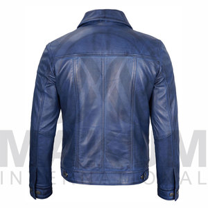 Veste en cuir de vachette bleue pour homme, coupe ajustée, col rabattu, fermeture boutonnée, longueur standard, style motard, veste en cuir bleue - Product Image 3