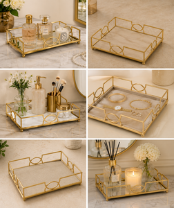 <b>Gold</b> Plated <b>Rectangular</b> Storage Tray <b>Mirrored</b> Surface Minimalist Design for Living Room Table Top Use - Product Image 2
