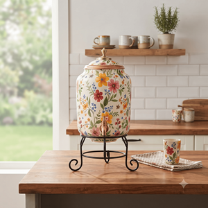Handmade Copper Water <b>Dispenser</b> With Floral Enamel Design Lid Beverage <b>Drink</b> Server Metal Stand For Home Kitchen Hotel Wholesale - Product Image 4