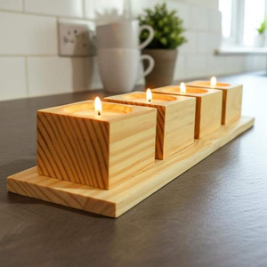 Porte-bougie en bois pour bougies chauffe-plat avec plateau, support carré à 4 emplacements |   Centre de table de Noël en bois naturel pour la table à manger à la maison - Product Image 5