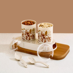 Ceramic Food <b>Storage</b> <b>Containers</b> With Floral Design Airtight Plastic Lids Stackable For <b>Kitchen</b> Use With Spoons Included - Product Image 1