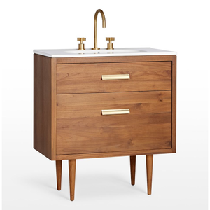 Warm Minimalist Teak Solid Wood Single Bathroom <b>Vanity</b> Unit <b>with</b> White Countertop, Undermount Sink, and 2 <b>Drawers</b> - Product Image 1