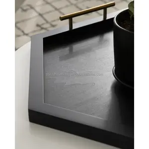 Bandeja Rectangular de Madera de Acacia Negra para Servir Comida, Almacenamiento en Escritorio, Desayuno, con Asas de Madera, Diseño Moderno - Product Image 6