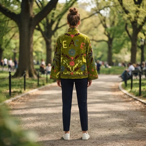 Chaqueta Acolchada Gruesa de Invierno para Mujer, Verde, Tejida, Bordada con Flores, Cuello Mandarín, Manga Larga - Product Image 6