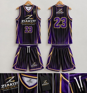 Vente en gros directe ZIAKOT INDUSTRY Maillot de basket authentique personnalisé violet noir à rayures fines noir-or - Product Image 1