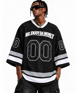 Maillot de hockey surdimensionné pour homme, col en V en maille, style streetwear, logo personnalisé, numéro, manches courtes, OEM ODM - Product Image 6