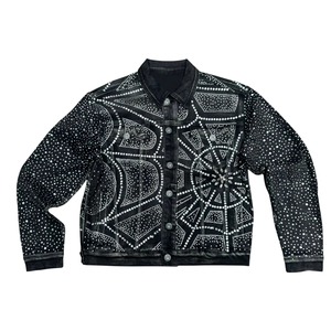 Men Rhinestone Spiderweb Denim Jacket Distressed Black Trucker Streetwear Coat OEM Custom Fashion - Product Image 1
