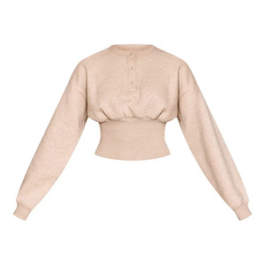 High Quality Beige Women's Professional Solid <b>Knitted</b> Sweatshirt & Wide Leg Pants <b>Set</b> Breathable Button Up Crop Top & Pants <b>Set</b> - Product Image 4