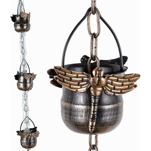 Chaîne de pluie de haute qualité en fer forgé motif libellule, style vintage, avec coupelles de récupération d'eau, accessoire de jardin, finition bronze antique - Product Image 4