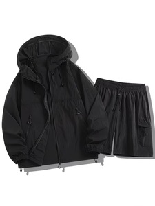 Conjunto de Chaqueta y Pantalones Cortos con Capucha y Cordón Ajustable, Unisex, Ligero, de Color Sólido, Cortavientos Casual de Otoño, Manga Larga, Bolsillos Laterales, Poliéster - Product Image 4