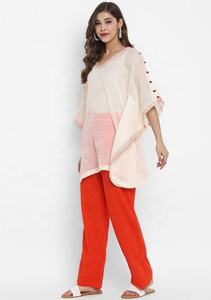 Ensemble caftan solide orange attrayant en coton doux court longueur au sol garnitures orange attrayantes manches boutonnées taille naturelle - Product Image 2