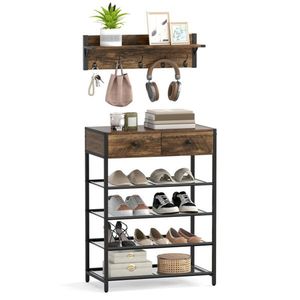 Multifunctional 5-<b>Hook</b> Coat Rack and 2-Drawer Shoe Stand with 4 Mesh <b>Shelves</b> Entryway Storage Solution - Product Image 1