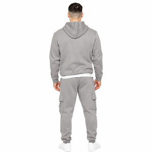 Men's Gray Hooded Tracksuit Set Full Length Cargo Pants Solid Color Casual Wear Regular Fit Autumn Style 100% Cotton Breathable - Product Image 3