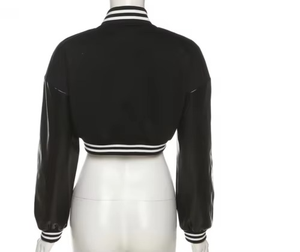 <b>Black</b> Cropped Varsity <b>Jacket</b> <b>Women</b> Full Sleeve Turn-down Collar PU Leather Contrast Trim Autumn Streetwear - Product Image 2