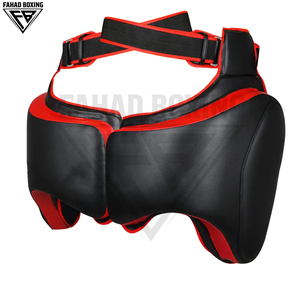 Protectores de muslo profesionales para boxeo y MMA en color negro y rojo con diseño de correa cruzada segura para venta al por mayor. - Product Image 2