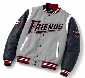 Veste varsity grise pour homme avec manches en cuir marine et logo brodé personnalisé sur la poche avant - Product Image 5