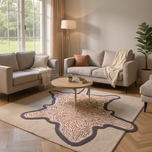 Alfombra Artesanal Tibetana con Detalles de Piel de Tigre, en Tonos Rosa Beige y Blanco, Borde Festoneado, Pelo Corto, Decoración Ecléctica para el Hogar - Product Image 2