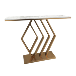 Table console de luxe dorée avec plateau en marbre blanc, structure métallique géométrique, meuble d'appoint pour entrée, canapé, couloir, à prix avantageux - Product Image 1
