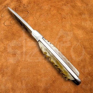 Cuchillo de caza y camping hecho a mano con hoja grabada de punta caída, mango de cuerno de carnero, acero D2, cuchillo utilitario OEM EDC con funda de cuero - Product Image 3