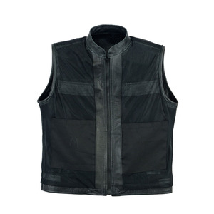 Premium Quality Men's <b>Black</b> Genuine Leather Moto <b>Vest</b> Stand Collar Zipper Closure Breathable Mesh Summer Outerwear Leather <b>Vests</b> - Product Image 4
