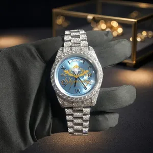 Skjewely Montre de luxe pour femme avec diamants, cadran bleu, bracelet en acier inoxydable, affichage jour et date, montre-bracelet à quartz analogique, 41 mm, moissanite - Product Image 1