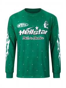Custom Emerald Green Hellstar <b>Flame</b> Sleeve Graphic Long Sleeve T <b>Shirt</b> High Quality Vintage Streetwear Oversized Heavyweight - Product Image 1