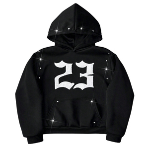 Sudadera con Capucha Negra para Hombre con Logotipo Personalizado, Parche de Chenilla 23, Adornada con Pedrería, Tejido Grueso 100% Algodón, Ecológica, Estilo Y2K - Product Image 6