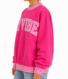 Sudadera de cuello simulado personalizada para mujer con ribete de lunares en contraste, aplique de letras, manga larga, holgada, informal, de fabricante - Product Image 4