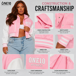 Blouson Teddy Femme Grande Taille Rose et Blanc à Capuche, Manches Longues, Fermeture Boutonnée, Manches Bouffantes, Bordures Côtelées, Imprimé, Respirant - Product Image 6