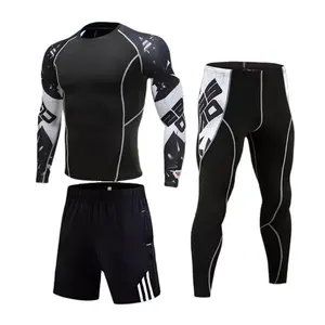 MMA-ropa de entrenamiento para hombres, conjunto de compresión para mantener el calor, camisa de manga corta y media pantalones ajustados, 3 uds.