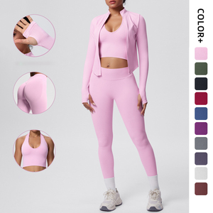 Ensemble de yoga 2 pièces bleu clair pour femme : Crop top dos nageur et leggings taille haute sans couture extensibles – Tenue de sport - Product Image 2