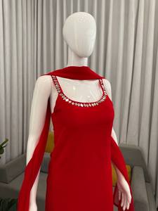 Conjunto de Salwar Kameez de Georgette Rojo en Oferta, con Trabajo de Espejo Real, Traje Tradicional Indio Pakistaní para Mujer, para Bodas y Fiestas - Product Image 3